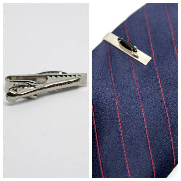 Vintage Silver & Black Marquis Cabachon Rectangle Tie Clip | Father's Day Gift - Picture 3 of 9